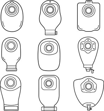 Set of ostomy and colostomy pouch bags in outline style