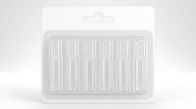 Empty clear plastic blister pack with six slots for small medical or cosmetic items