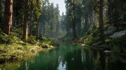 Fototapeta premium Tranquil forest stream reflecting towering trees and lush green foliage under bright sunlight.