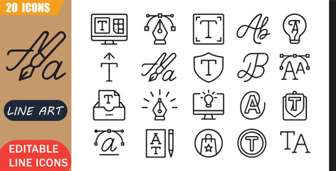 Isolated typography design icons set, 20 editable line art icons set, graphic design, typography lettering, branding visual creativity, artwork communication design, theme style, clean outline vector © MD.Kawsar Hossan