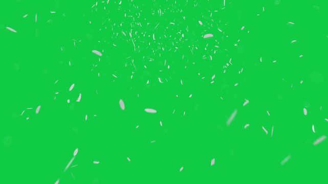 Top emitter sending white discs, chips past camera, creating motion cascade on transparent backdrop