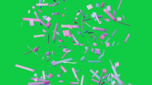 Top releasing 3D pastel confetti, swarm falling, rotating, shifting, showing flow on transparent BG