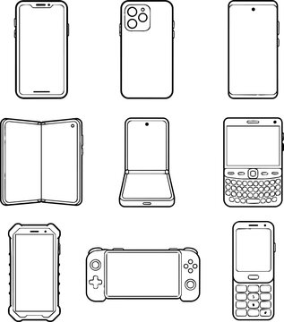 Outline set of smartphone flip phone qwerty phone and handheld game console