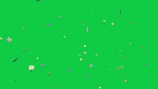 Confetti after burst, spreading rotating, larger flakes sweeping front on transparent bg for depth