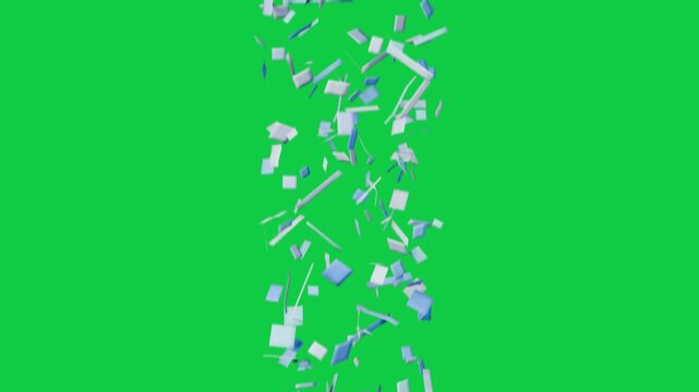 Teal 3D fragments entering top and falling tumbling clustering showing descent on transparent field