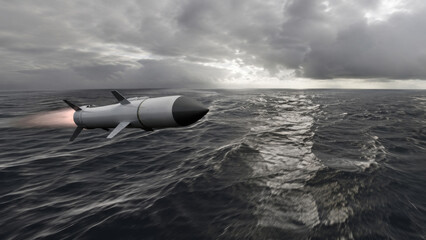 Fototapeta premium Sea-Skimming Cruise Missile Flying Over Ocean Toward Maritime Target