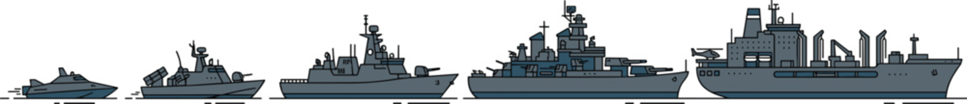 Modern Naval Fleet Vector Set Arranged By Vessel Size Featuring Patrol Boat Corvette Frigate Destroyer Cruiser And Cargo Supply Ship Vector Illustration