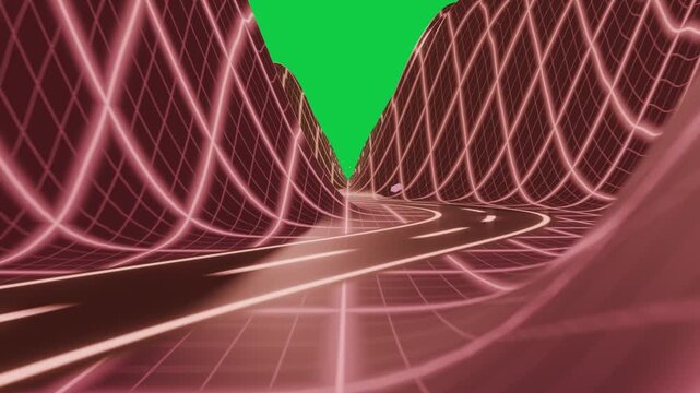 Camera moving into neon grid valley, road guiding toward black aperture, background transparent