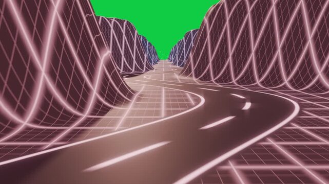 Camera push moving neon winding road, grid hills shifting to horizon lights, transparent background