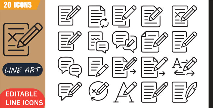 Isolated rewrite paraphrase icons set, 20 editable line art icons set, reword, rewrite paraphrase, editing content writing, text communication language, copywriting theme style, clean outline vector