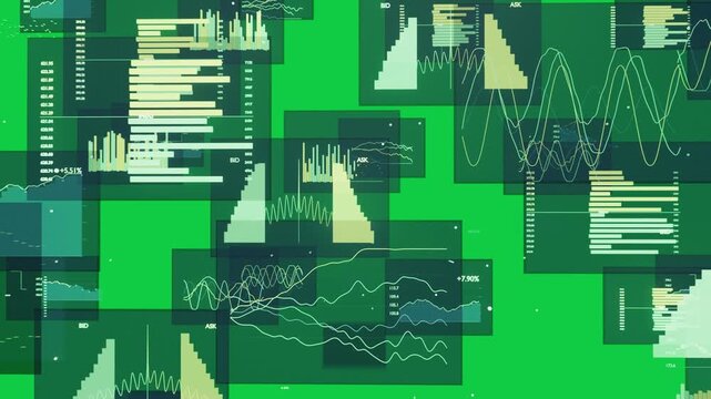 On load floating data panels spawning, scaling and charts animating to show market, transparent bg