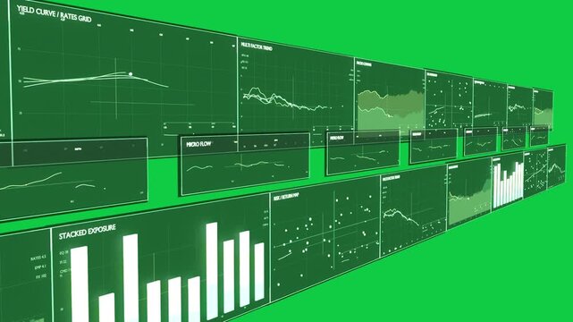 Camera sweep initiating panning data wall, revealing charts and dots on transparent bg for insight