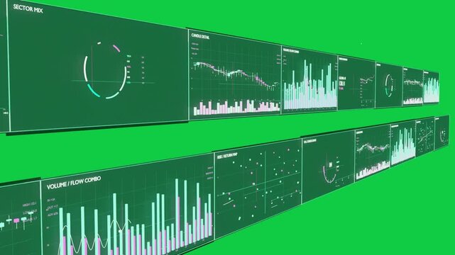 On play camera gliding along teal panel over transparent void, revealing tiles, showing market data