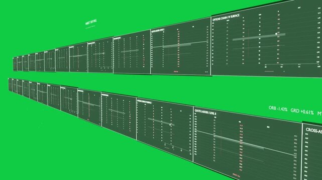 Diagonal camera sweep moving panels, revealing charts, markers on transparent bg for data