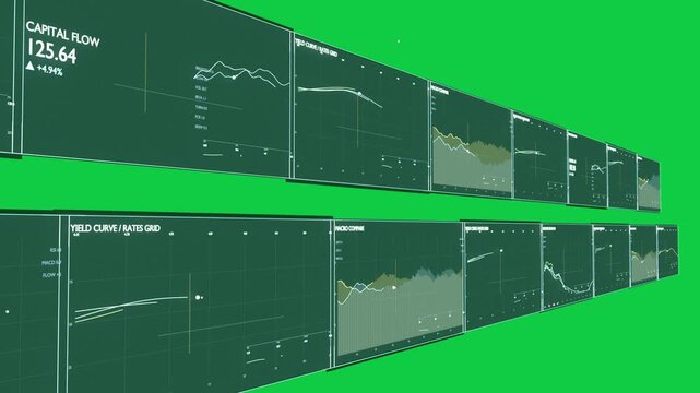 On input camera sliding along dashboard rows, revealing charts and labels on transparent background