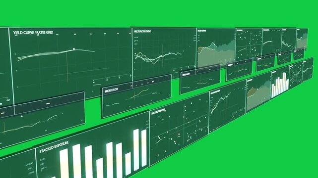 Camera starting sweep along offset floating dashboards revealing analytics, background transparent