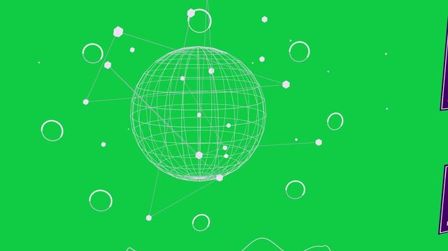 Camera zooming in wire mesh globe rotating, rings orbiting, nodes growing for data, transparent