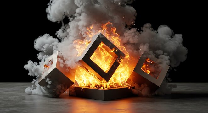 Burning hollow cube frames and white smoke