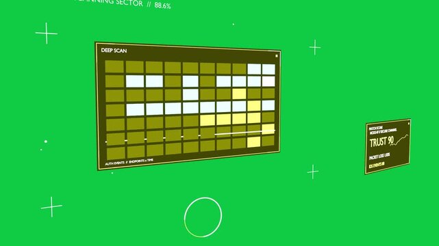HUD on scan start, scanning DEEP SCAN grid, lighting cells, revealing TRUST 90 on transparent field