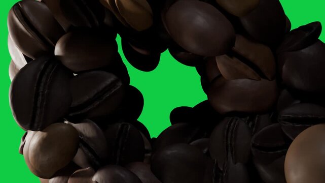 Coffee bean torus moving closer turning glints causing bean sliding inward showing void transparent
