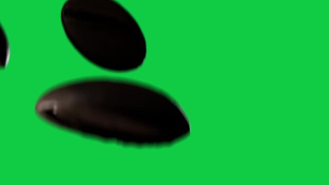 Lighting cue sending brown beans drifting and rotating into frame on transparent bg showing sheen
