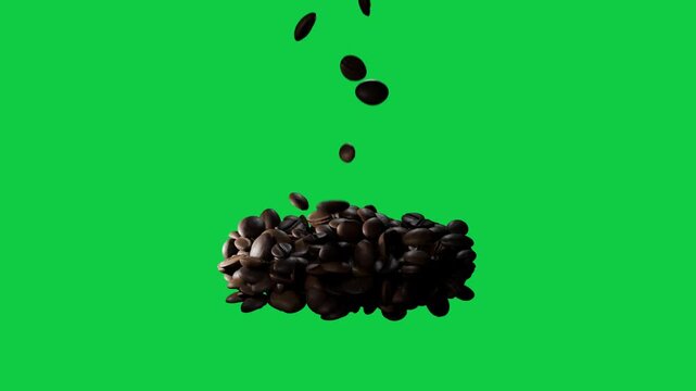 Drop starting coffee beans falling, settling, growing on transparent reflective plane lit top-left