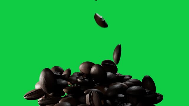 After pause roasted coffee beans falling, hitting pile on transparent backdrop, forming larger heap