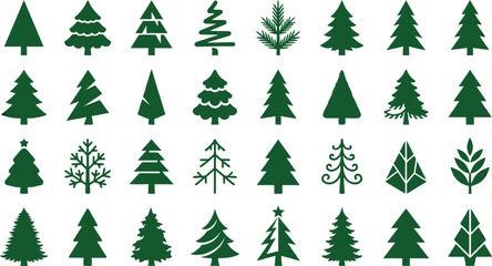 Obraz premium Green Tree Silhouettes And Shapes Vector Illustration On White Background