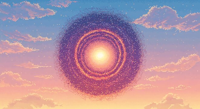 Celestial orb with rings in pastel sunset sky