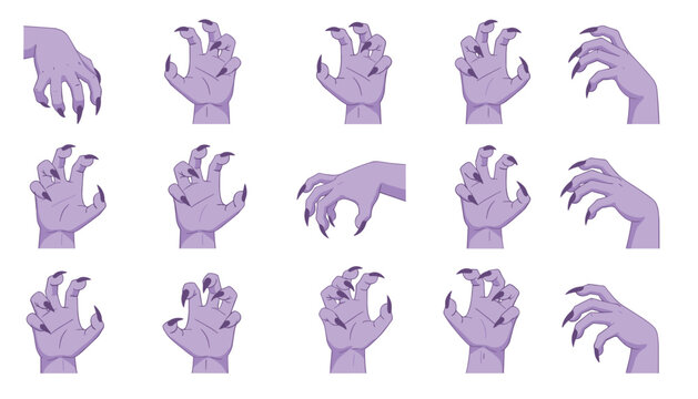 Array of purple zombie and monster hands showing aggressive clawing gestures and various poses for terrifying horror themed character designs.