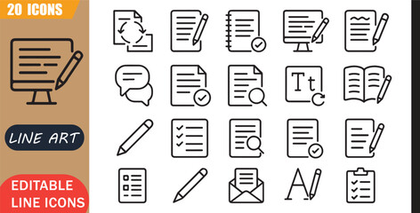Isolated content editing icons set, 20 editable line art icons set, reword, content editing, writing proofreading, rewrite text communication, language revision theme style, clean outline vector © MD.Kawsar Hossan