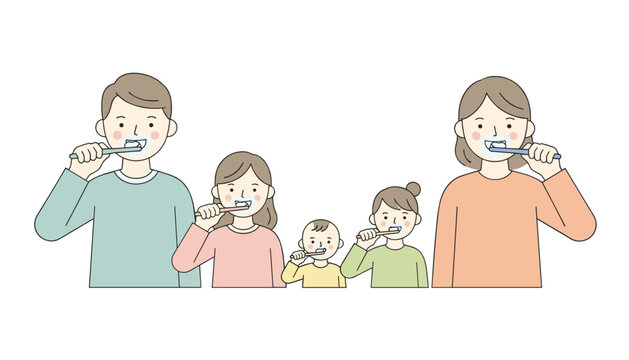 Happy family members including parents and their children standing together in a line and brushing their teeth for good dental health.