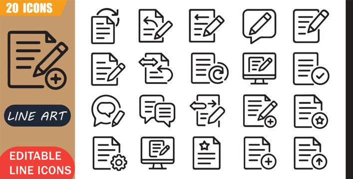 Isolated paraphrasing icons set, 20 editable line art icons set, reword, paraphrasing, rewrite editing, content writing text, language improvement theme style, clean outline vector