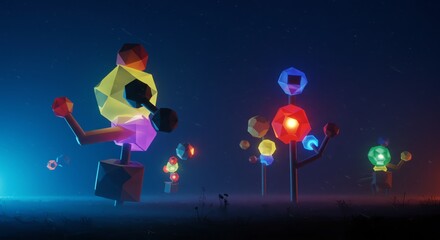 Naklejka premium Colorful geometric figures in dark night landscape