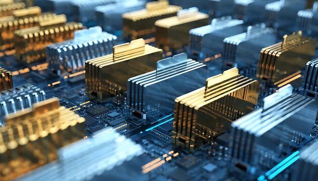 Computer processor hardware circuitry with gold and silver cooling fins processor hardware computer electronic