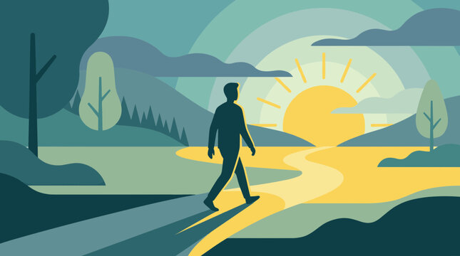 Man walking on a path towards the sunrise in a stylized landscape