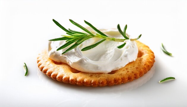a single flavorful cracker topped with cream cheese and rosemary on a white background