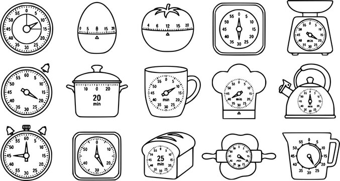 Black line kitchen timer vector collection, analog countdown timers and cooking time devices isolated on white background, culinary equipment illustration