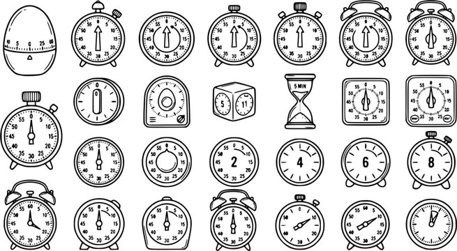 Black line kitchen timer vector collection, analog countdown timers and cooking time devices isolated on white background, culinary equipment illustration