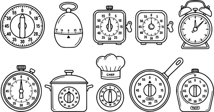 Black line kitchen timer vector collection, analog countdown timers and cooking time devices isolated on white background, culinary equipment illustration