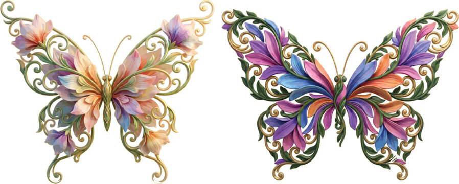 Two ornate butterfly designs with floral