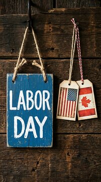 Labor day sign with hanging american and canadian flag gift tags wood