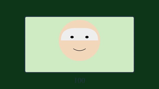 Minimalist happy face animation on green background, simple emoticon motion smile