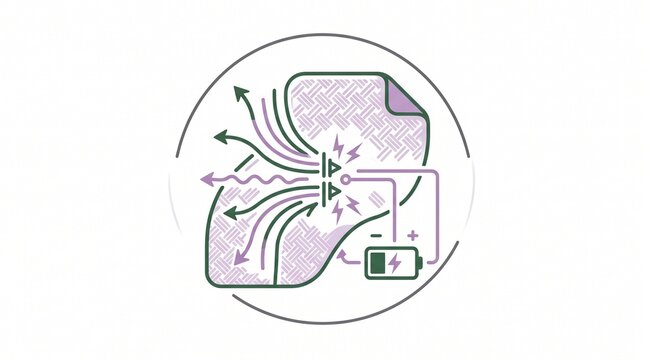 Piezoelectric Fabric and Kinetic Energy Harvesting Concept, Circular Infrastructure Diagram showing Smart Textile Generating Electricity from Friction and Motion to Charge a Battery, Flat Vector Illus