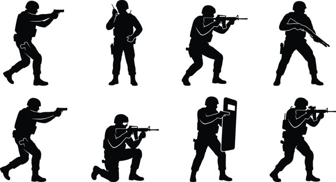 soldier silhouette, armed soldier vector, tactical soldier illustration, military silhouette figure, combat soldier pose, soldier with rifle silhouette, soldier wi  atactical