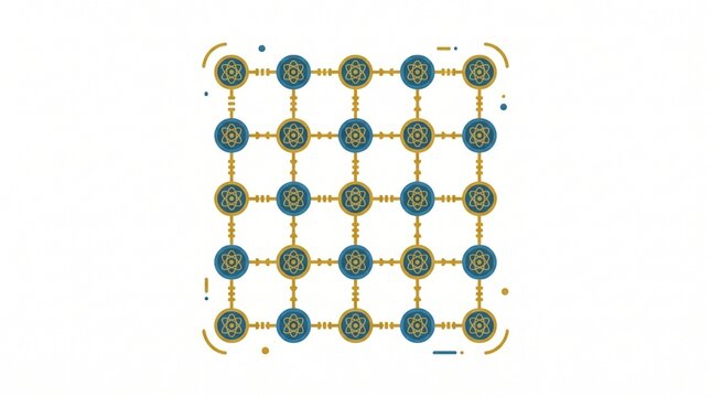 Quantum Computing Lattice and Atomic Grid Network Concept, Connected Atoms in a Geometric Mesh Structure, Advanced Physics and Deep Tech Industry, Flat Vector Illustration Isolated on White