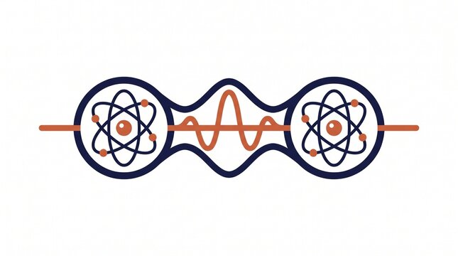 Quantum Entanglement and Physics Concept with Connected Atomic Subatomic Models and Sine Wave Signaling, Advanced Computing and Particle Mechanics, Flat Vector Illustration Isolated on White