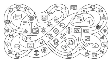Naklejka premium Abstract network of interconnected communication and technology icons forming a complex digital web.