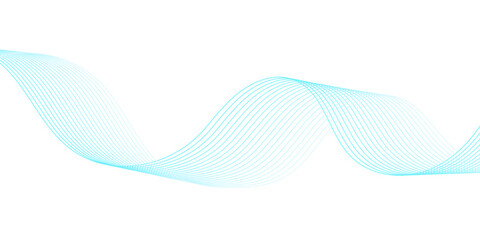 Fototapeta premium Abstract blue and cyan flowing wave line banner featuring smooth fluid curves, audio soundwave frequencies, and modern digital technology line art on transparent background.