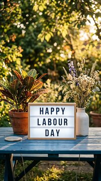 Happy labour day lightbox sign on a blue table with garden plants
